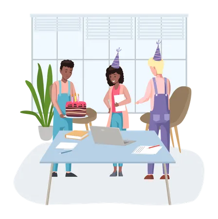 Birthday Party In Office Flat Vector Illustration Workers Organize Holiday Congratulate Boss Interaction Entertainment At Workplace Business Team Celebrate Giving Gifts And Cake To Colleague 일러스트레이션
