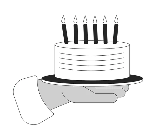Birthday Cake With Burning Candles Showing Cartoon Human Hand Outline Illustration Festive Dessert 2 D Isolated Black And White Vector Image Holiday Confectionery Flat Monochromatic Drawing Clip Art Illustration