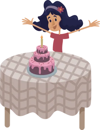 Little Girl At Table With Birthday Cake Flat Cartoon Vector Illustration Preteen Child Celebrate Holiday Ready To Use 2 D Character Template For Commercial Animation Printing Isolated Comic Hero Illustration