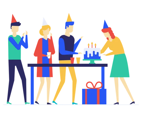 Birthday Anniversary Celebration Flat Design Style Vector Illustration Happy People In Party Hats Cartoon Characters Young Woman Blowing Candles On Cake Friends Colleagues Congratulate Lady Illustration