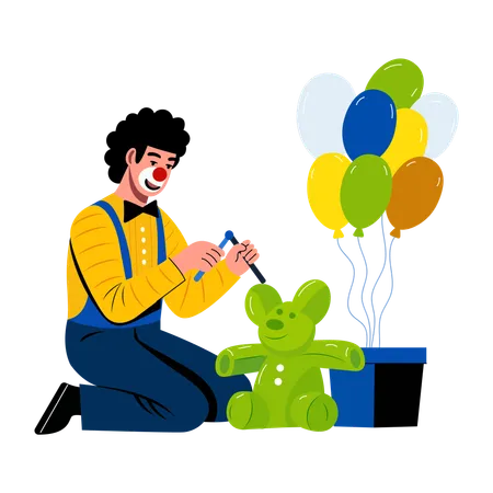 Birthday clown with a teddy and birthday gifts  Illustration