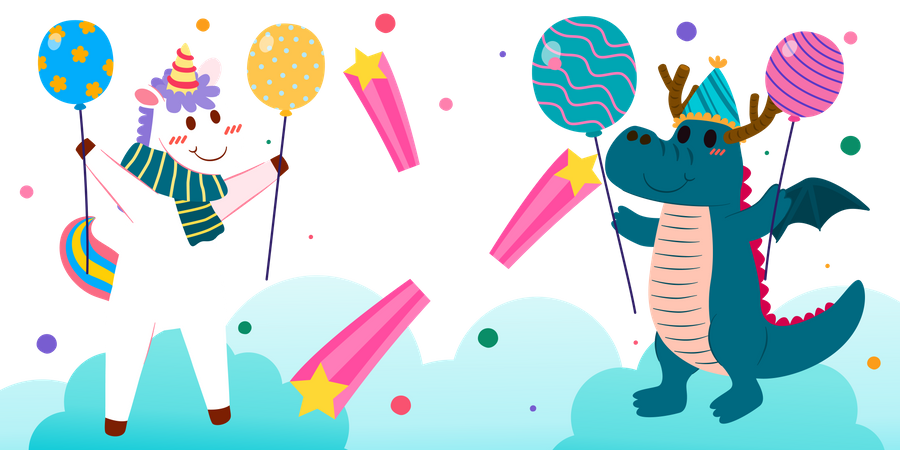 Birthday decoration unicorn and dinosaur  Illustration