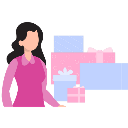 Birthday girl looking at gifts  Illustration