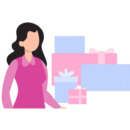 Birthday girl looking at gifts  Illustration