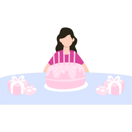 Birthday girl sitting with cake  Illustration