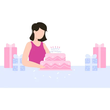 The Girl Is Sitting With A Cake Illustration