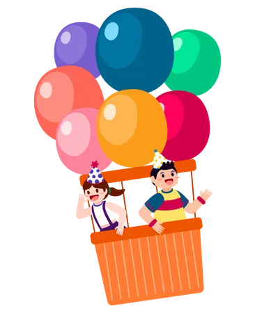 The Children Happy In Party With Lovely Element Present Box Rainbow Balloon In Cartoon Character Vector Illustration Illustration