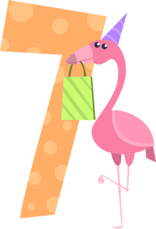 Birthday number with flamingo and gift box Illustration