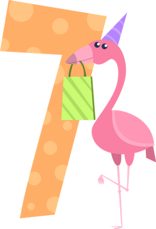 Birthday number with flamingo and gift box  Illustration