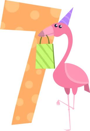 Birthday number with flamingo and gift box  Illustration