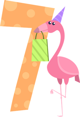 Birthday number with flamingo and gift box  Illustration