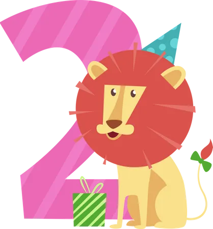 Birthday number with lion and gift box  イラスト