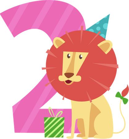 Birthday number with lion and gift box  Illustration