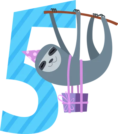 Birthday number with sloth and gift box  Illustration