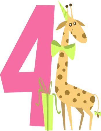 Birthday numbers with giraffe and giftbox  イラスト