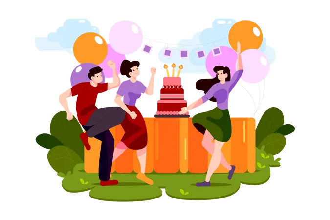 Group Of Young Persons With Festive Attributes During Dances On Birthday Party Illustration