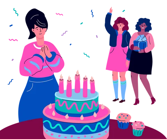 Happy Birthday Modern Colorful Flat Design Style Illustration High Quality Composition With A Smiling Girl Getting A Surprise Ready To Make A Wish Before A Cake Her Friends Congratulating Her Illustration