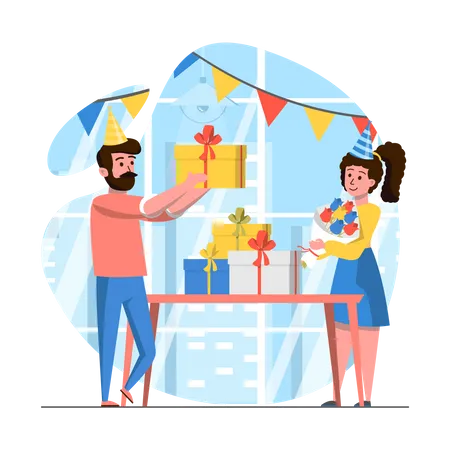 Birthday Concept Scenes Set Friends Have Fun At Party Parents Congratulate Children And Give Them Gifts At Festive Collection Of People Activities Vector Illustration Of Characters In Flat Design Illustration