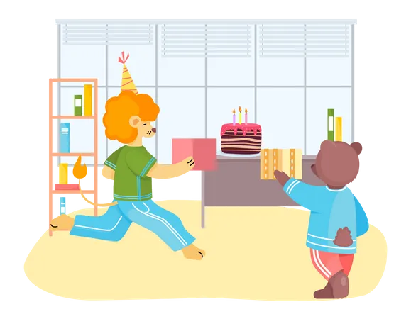 Happy Birthday Party At Home With Friends Company Of Cartoon Animals Celebrates Holiday With Cake And Gifts In Office Congratulations To Friend Fun Birthday Decorations Balloons And Festive Cake Illustration