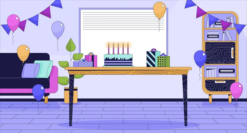 Birthday Party Celebration Cartoon Flat Illustration Festive Cake And Gifts In Decorated Room 2 D Line Interior Colorful Background Happy Holiday Congratulation Scene Vector Storytelling Image 일러스트레이션