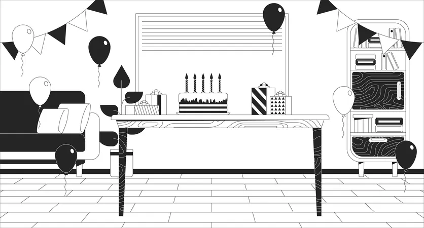 Birthday Party Celebration Black And White Line Illustration Festive Cake And Gifts In Decorated Room 2 D Interior Monochrome Background Happy Holiday Congratulation Outline Scene Vector Image Illustration