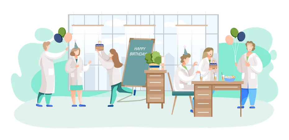 Birthday Party In Hospital Fun Entertainment In Medical Office Doctors Organize Holiday Congratulate Colleague Interaction Entertainment At Workplace Team Of Medics Giving Gifts And Cake Illustration