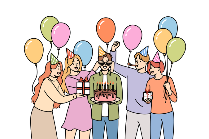 Birthday party for man celebrating anniversary and holding cake while friends standing with balloons  Illustration