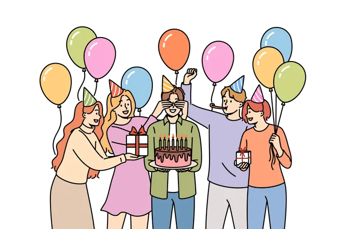 Birthday party for man celebrating anniversary and holding cake while friends standing with balloons  Illustration