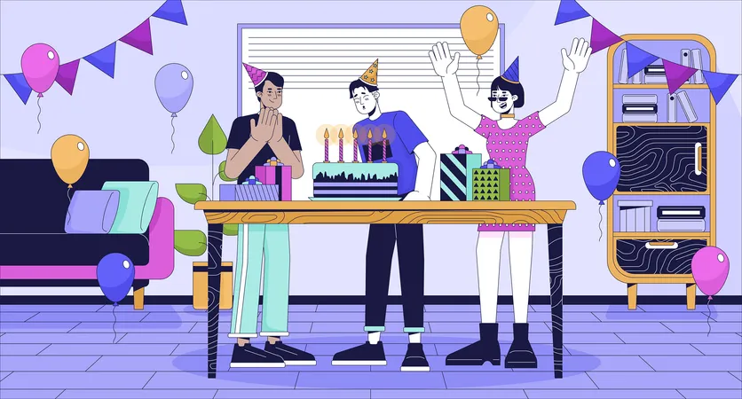 Birthday Party At Home Cartoon Flat Illustration Asian Man Blowing Candles With Friends 2 D Line Characters Colorful Background Happy Holiday Celebration Scene Vector Storytelling Image Illustration
