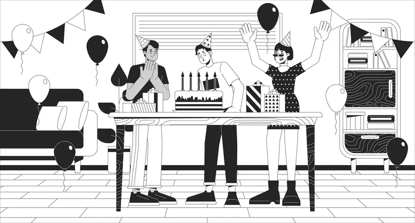 Birthday Party At Home Black And White Line Illustration Asian Man Blowing Candles With Friends 2 D Characters Monochrome Background Happy Holiday Celebration Outline Scene Vector Image Illustration