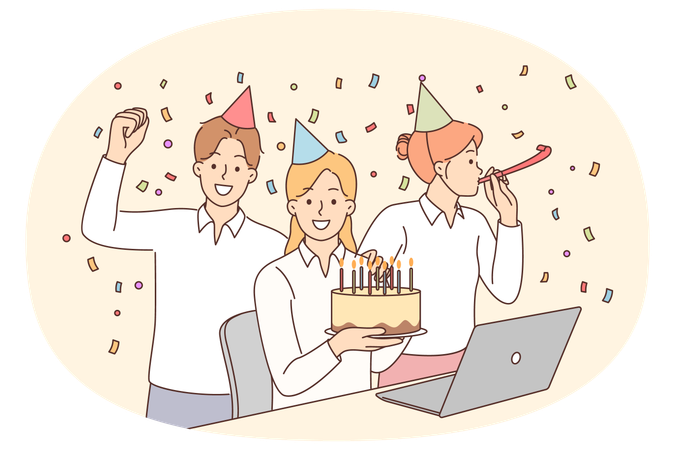 職場の同僚や友人とケーキを配り、紙吹雪を吹いて誕生日パーティーをする  イラスト