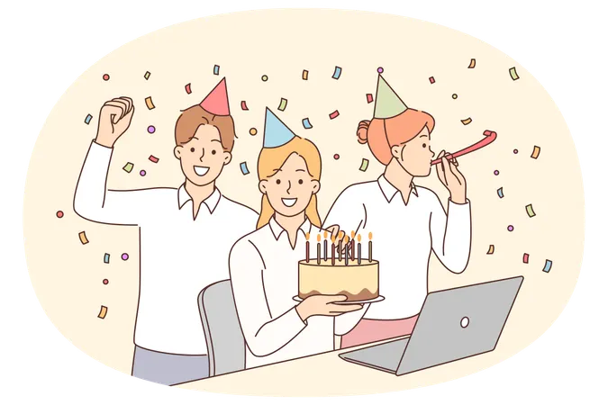 職場の同僚や友人とケーキを配り、紙吹雪を吹いて誕生日パーティーをする  イラスト