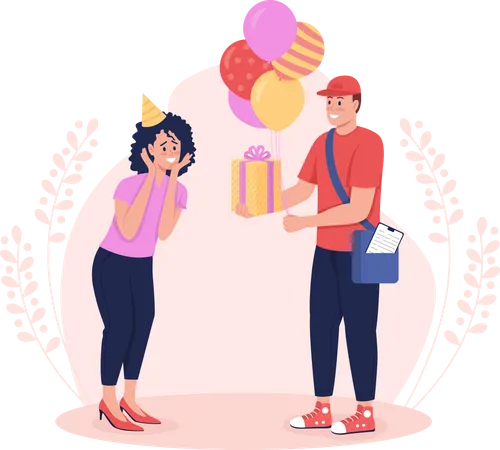 Birthday Present Delivery 2 D Vector Isolated Illustration Anniversary Gift Courier With Happy Customer Flat Characters On Cartoon Background Express Order Shipment Colourful Scene Illustration
