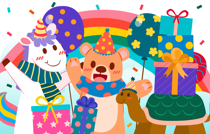 Birthday teddy and unicorn decoration  Illustration