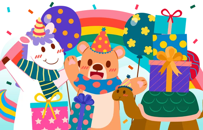 Birthday teddy and unicorn decoration  Illustration