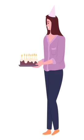 Birthday Woman With A Cake Ready To Celebrate Smiling Lady Carrying A Chocolate Cake With A Birthday Candles On Top Vector Flat Style Happy Girl In Paper Cap On A Birthday Party Celebration Illustration