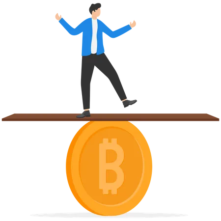 Bitcoin And Crypto Investment Risk Balance Between Risk And Return Cryptocurrency Challenge To Overcome Volatility And Make Profit Concept Businessman Investor Balancing As Acrobat On Giant Bitcoin Illustration