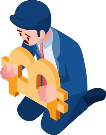Flat 3 D Isometric Businessman With Bitcoin Symbol Handcuffs Bitcoin And Cryptocurrency Investment Crisis Concept 일러스트레이션