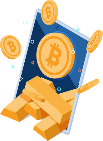 Bitcoin com barra de ouro dentro do smartphone  Ilustração