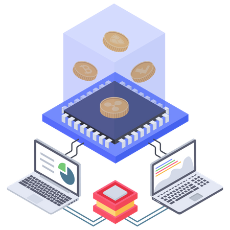 Bitcoin creating processor and server connectivity  イラスト