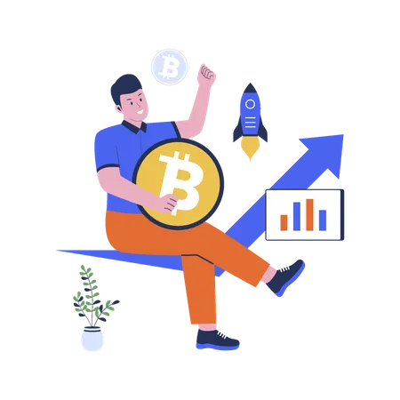 Bitcoin Cryptocurrency Growth Happy Man Bitcoin Growth Flat Design Illustration Illustration
