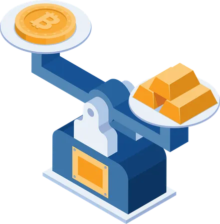Flat 3 D Isometric Bitcoin Equal To Gold On Scale Bitcoin And Cryptocurrency Concept Illustration