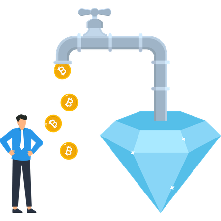 Bitcoin faucet with diamond businessman and crypto currency coins  Illustration