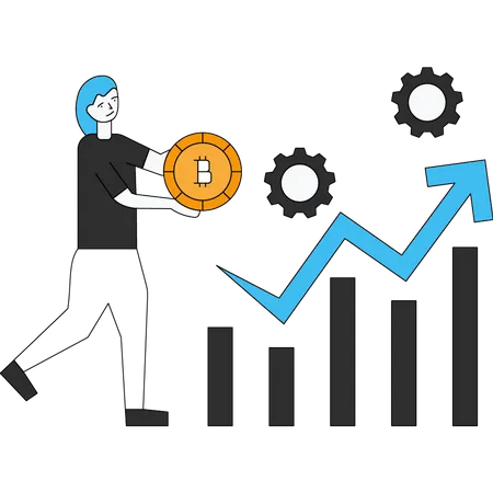 The Girl Is Standing Near The Graph Setting With A Bitcoin In Her Hand Illustration