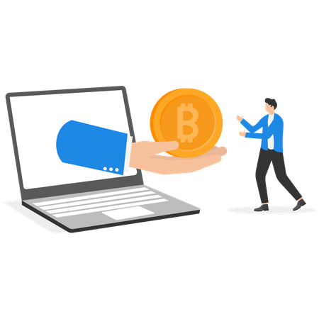 Bitcoin in hand from laptop screen  Illustration