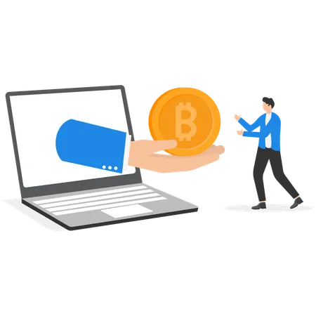 Bitcoin in hand from laptop screen  Illustration