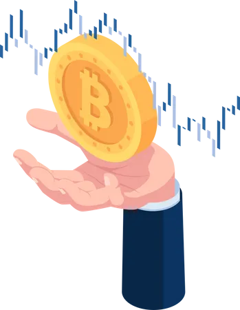 Flat 3 D Isometric Businessman Hand Holding Bitcoin With Financial Chart Cryptocurrency And Blockchain Technology Concept Illustration