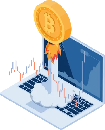 Flat 3 D Isometric Bitcoin Rocket Flying Up From Laptop High Growth Value Of Bitcoin And Cryptocurrency Concept イラスト