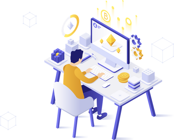 Bitcoin miner sitting at computer  Illustration