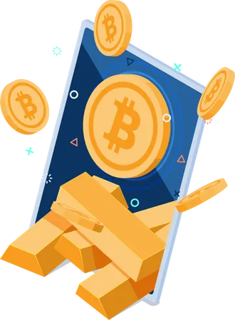 Bitcoin mit Goldbarren im Smartphone  Illustration